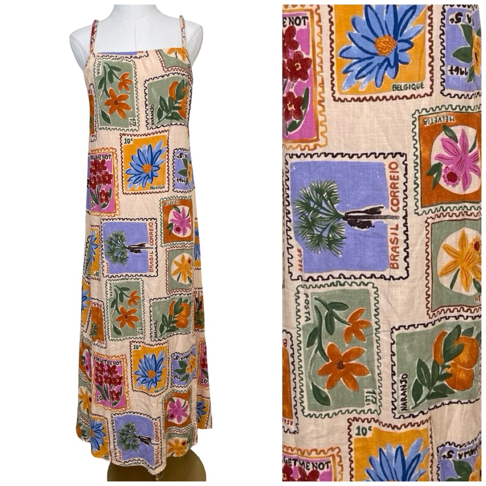 Paper Heart Antrhopologie Stamp Print Maxi Dress L Multi‎ Color Linen Rayon Boho